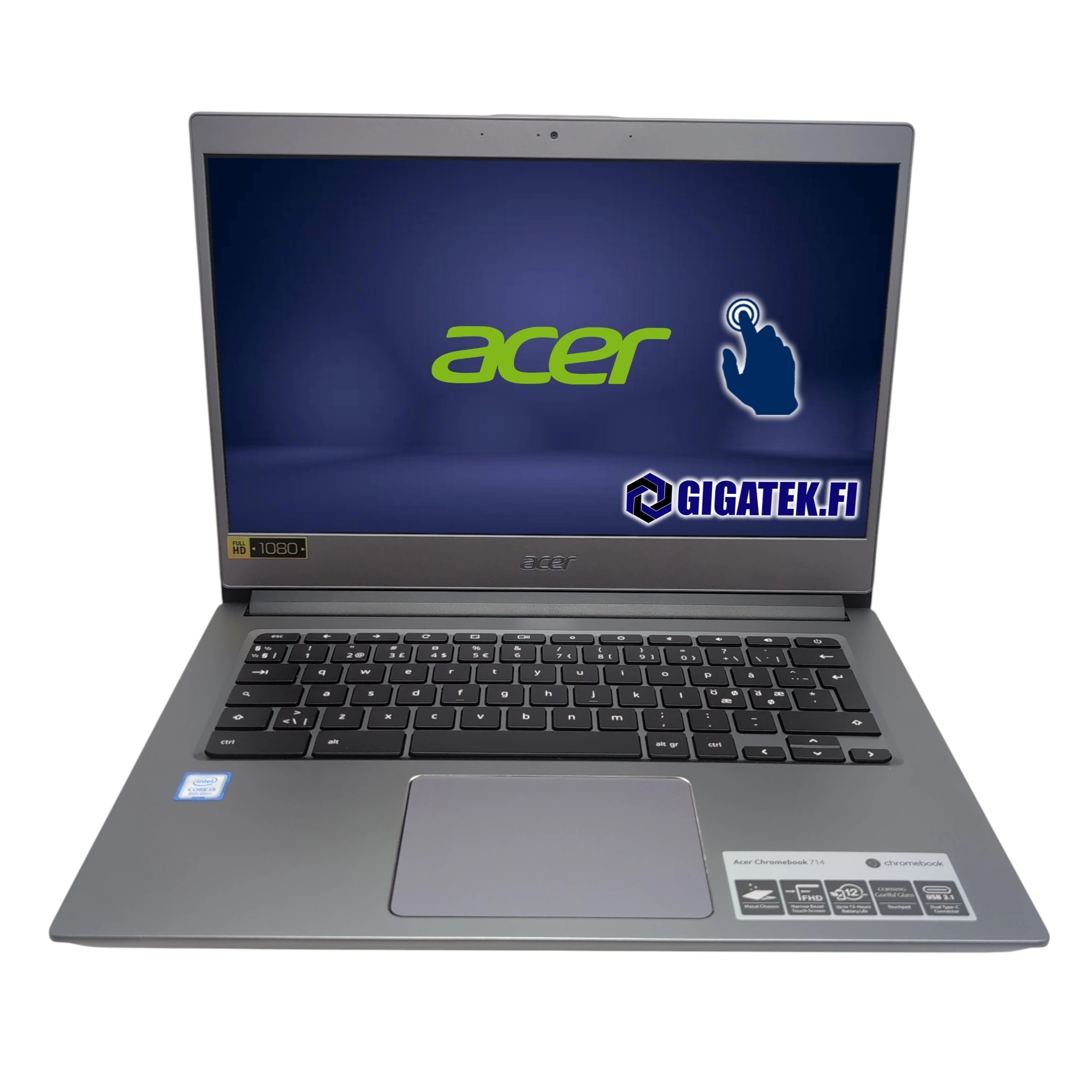 Acer Chromebook 714-1WT/i3-8130U/8GB DDR4/64GB SSD/14” FHD-IPS-Kosketusnäyttö/ChromeOS/A1/Takuu 24kk